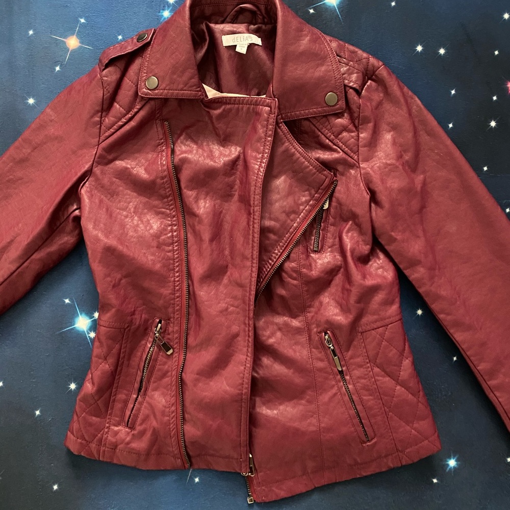 Burgundy faux leather biker jacket
